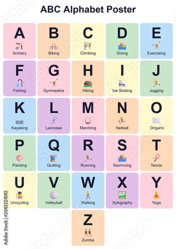 ABC Alphabet Poster with Activities Illustrated in Colorful Boxes  