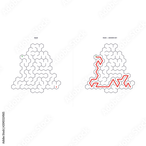 Hexagonal Maze. Holiday labyrinth game for kids. Printable worksheet with solution