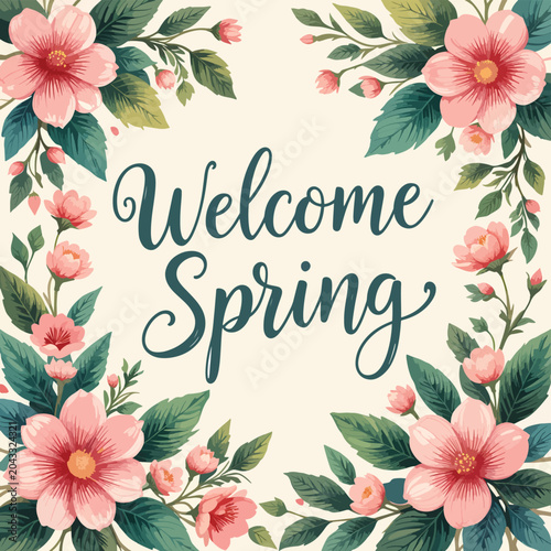Spring floral welcome design with pink flowers and green leaves framing seasonal greeting on light cream background
