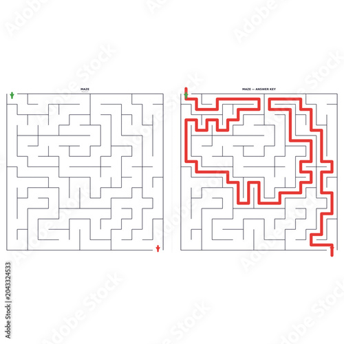 Square Maze Puzzle. Medium difficulty printable activity for kids. Includes solution
