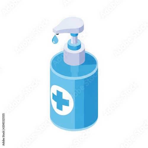 Blue soap dispenser with pump and medical cross symbol