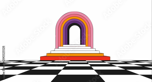 Bild auf Leinwand Colorful rainbow archway on a white staircase, black and white checkered floor