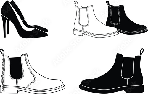 Canvastavla Vector illustration set of footwear styles featuring high heels and Chelsea boot
