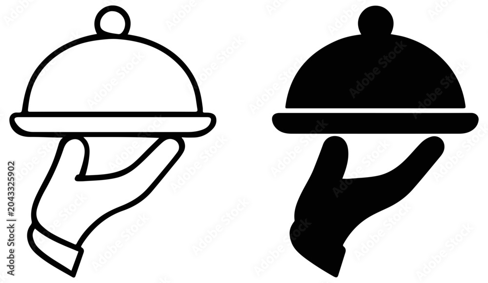 Fototapeta premium Hand holding cloche, serving dish silhouette food restaurant