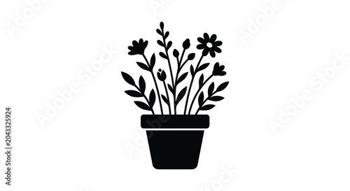 Photos potted plant silhouette black white background container flowers leaves stem