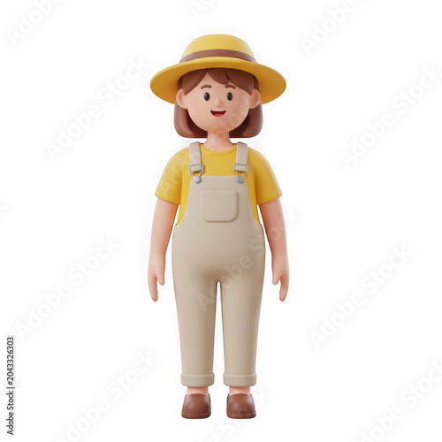 Cheerful child in yellow hat and overalls standing