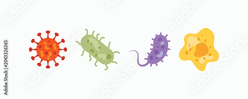 Four illustrated microorganisms on a clean white background. Each shape unique, bold, and colorfully designed. Stylized representation for science or educational purposes. Ideal for biology, health