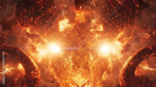 Fiery ram head silhouette formed by burning embers and glowing smoke, abstract supernatural animal energy in dark space.