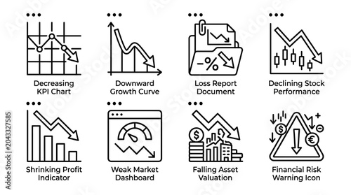 A collection of clean line art vector graphic icons representing financial decline and risk