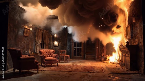 Flames engulf a room as fire spreads rapidly and smoke fills the air during a dramatic scene at an abandoned house