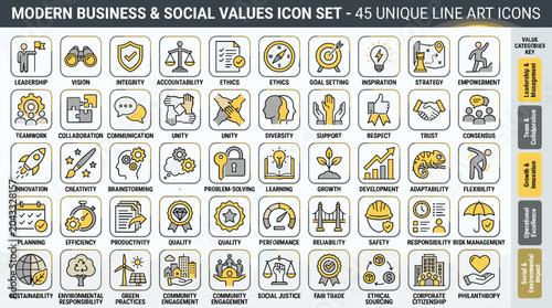 Fotografia Modern business and social values icon set, 45 unique line art icons for corpora