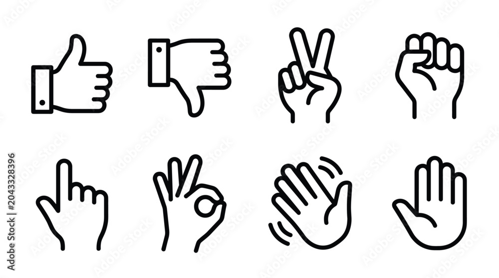 Obraz premium Minimalist hand gesture line icons, set of 8 black outline hand signs, thumbs up and ok symbol vector, human palm and finger communication graphics