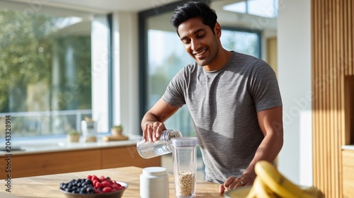 Young Man Making Protein Drink with Healthy Ingredients