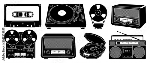 Retro audio equipment vector icons set featuring vintage cassette, turntable, radio, boombox, and reel-to-reel player silhouettes on white, delivering a nostalgic 80s 90s music technology vibe.