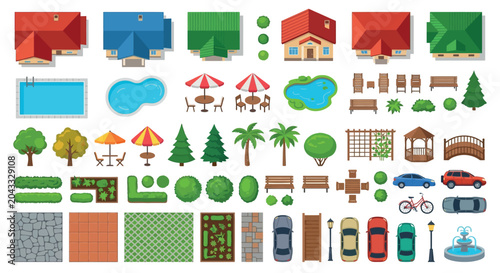 Top down Vector Illustration Of Houses Trees And Outdoor Elements