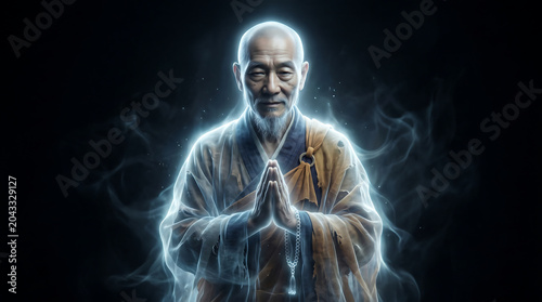 Enlightened venerable master radiating a luminous, spiritual presence; wisdom emerging from stillness