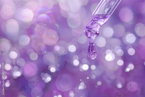 Pipette dripping essential lavender oil drops onto a wet surface with bokeh