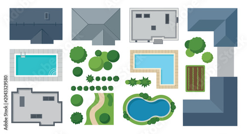 Architectural plan style Vector Illustration Of Building Roofs And Pools