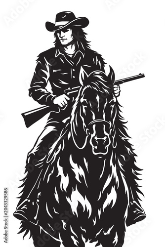 Billede på lærred Vintage cowboy riding horse with rifle vector, black and white western outlaw il