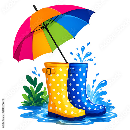 Rainy season illustration with polka dot boots and an open umbrella - ai generative