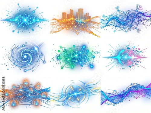 Collection of abstract digital network designs with glowing particles and interconnected lines representing technology and data flow concepts.