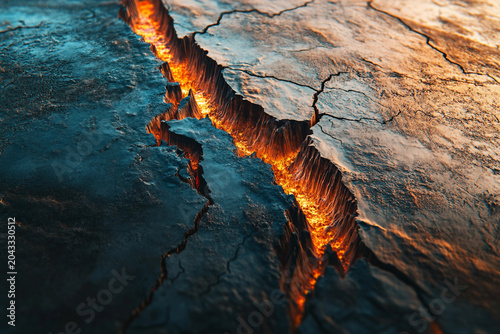 Glowing volcanic cracks and dark rock surface showing dramatic geological faults, generative ai