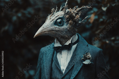 Elegant Hybrid Creature in Formal Attire With Surreal Bird Features, Generative AI