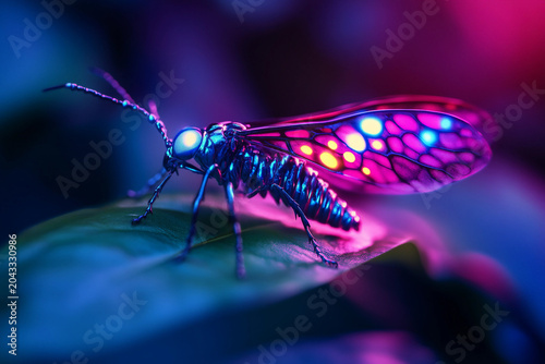 Futuristic Hybrid Insect With Glowing Digital Bioluminescence Resting On A Leaf, Generative AI