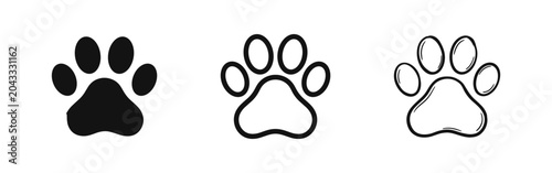 Photography Animal paw print icon set with three styles including solid, outline, and hand-d