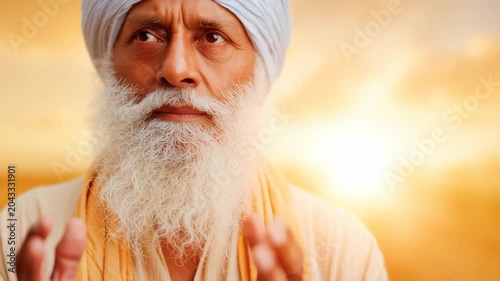 Elderly man in turban meditating at sunrise with prayer gesture and warm glow