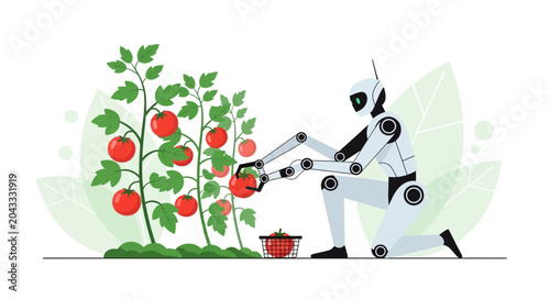 Robot harvesting ripe tomatoes in a smart farm, futuristic agriculture technology