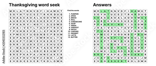 Thanksgiving word seek puzzle with highlighted answers 