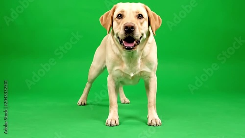 Happy golden retriever dog standing and looking at the camera with an open mouth