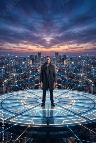 Business leader standing on glowing digital platform with global network and futuristic cityscape