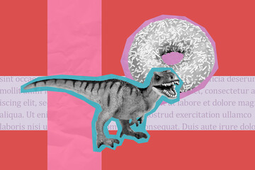 Trendy art creative full pop photo collage of wild dinosaur animal stand roar sweet donut nutrition calories wildlife zoo