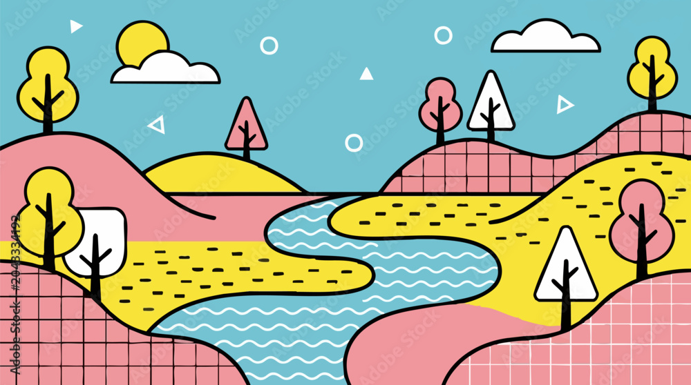 Naklejka premium Vibrant Memphis style abstract landscape illustration with river, hills, and trees