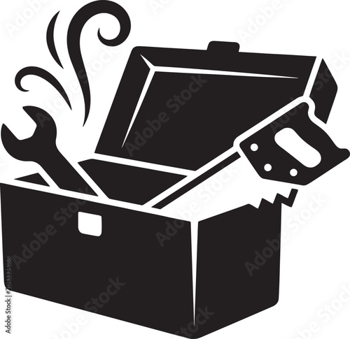 Photography Open toolbox filled with a wrench and a saw with smoke emanating from inside