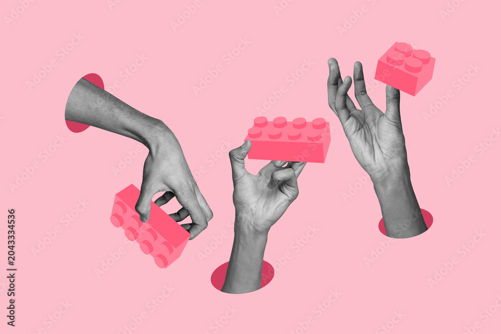 Obraz premium Trend artwork poster sketch image collage of three hands appear hole copyspace hold block brick build childish clever game construction