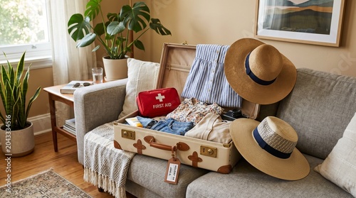 Open vintage suitcase on a gray sofa packed with summer clothes, straw hats, and a red first aid kit.