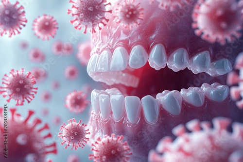 Microscopic View Of Airborne Mouth Bacteria And Viruses Entering Human Mouth During Inhalation Generative AI