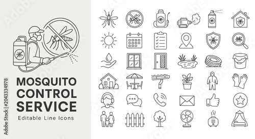 Comprehensive line icons for mosquito control services and pest management. Perfect for websites, apps, and informational materials on prevention and extermination.