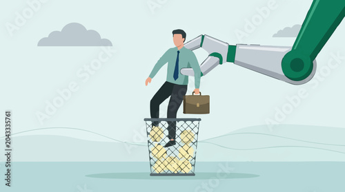 Foto Automation and AI job displacement: Robot arm discards businessman