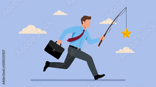 Bild auf Leinwand Businessman Running to Catch a Star: Ambition and Goal Pursuit Concept