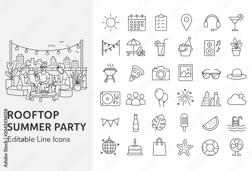Obraz premium Modern flat line vector icon set for summer fun, rooftop parties, and outdoor celebrations. Features friends, BBQ, music, and seasonal elements for various designs.