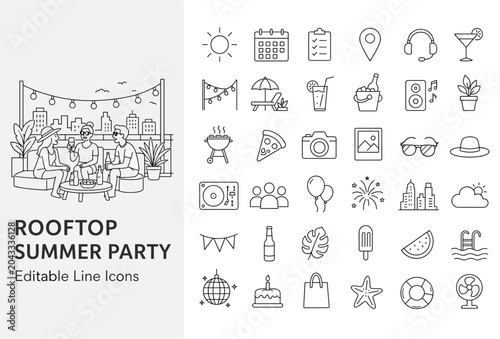 Modern flat line vector icon set for summer fun, rooftop parties, and outdoor celebrations. Features friends, BBQ, music, and seasonal elements for various designs.