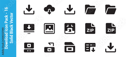 Photos Download icon pack 16 solid black vector set for professional archival and storage applications