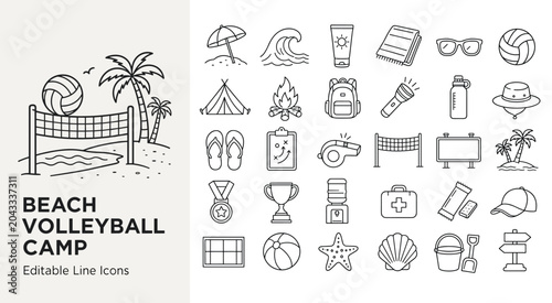Editable vector line icons for beach volleyball camp, summer travel, and outdoor activities. Includes sports, beach essentials, and camping gear. Ideal for digital and print design.