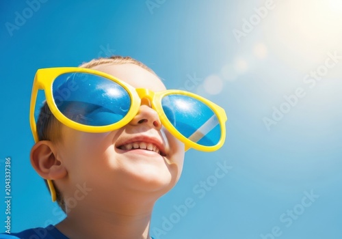 Child wearing oversized sunglasses smiling under bright sunlight outdoors