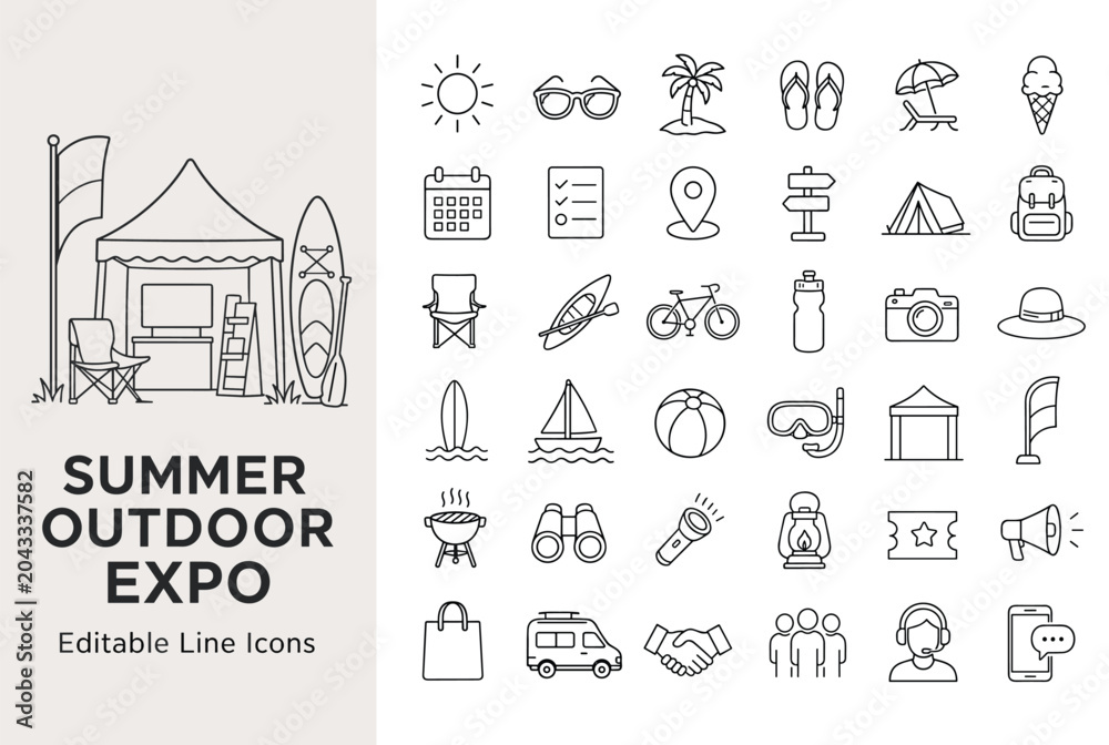 Obraz premium Comprehensive vector set for a summer outdoor expo, featuring editable line icons and a detailed booth scene. Ideal for event promotions and web design.