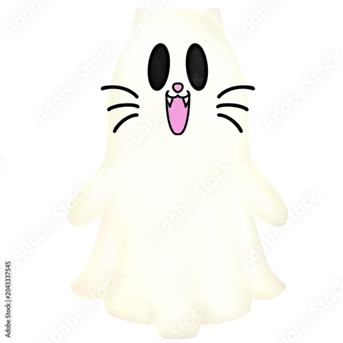 Cute ghost cat illustration, spooky pastel white kitty phantom character